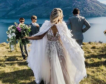 White Ostrich Plume Feather Bridal Wedding Cape Couture