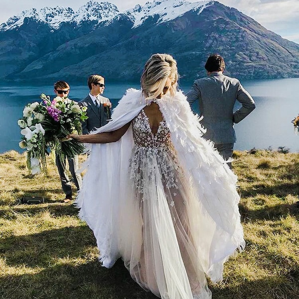 White Ostrich Plume Feather Bridal Wedding Cape Couture