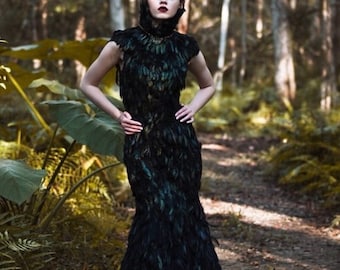 Raven Queen Black Iridescent Feather Couture Mermaid Gothic Wedding Gown