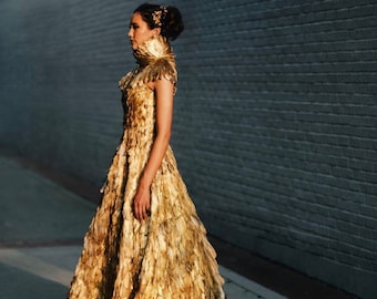 Gold Gilded Feather Couture High Collar Gown