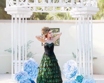 Peacock Feather Couture Strapless Corset Full Length Dress