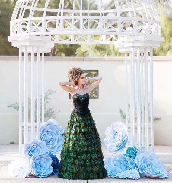 Peacock Feather Couture Strapless Corset Full Length Dress