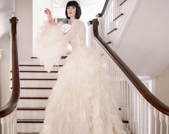 Couture White Ostrich Feather Wedding Gown with Bell Sleeves