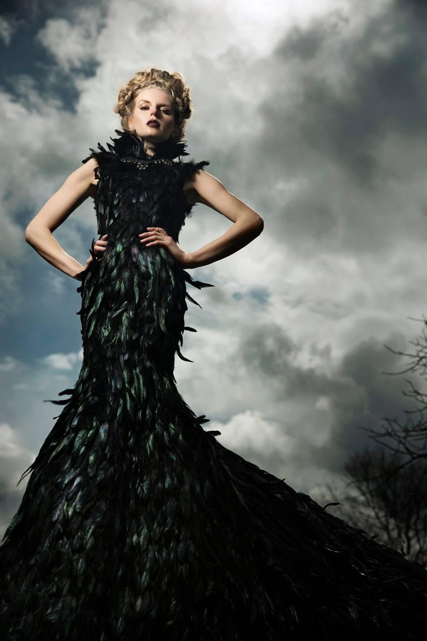Raven Queen Black Iridescent Feather Couture Mermaid Gothic Wedding Gown