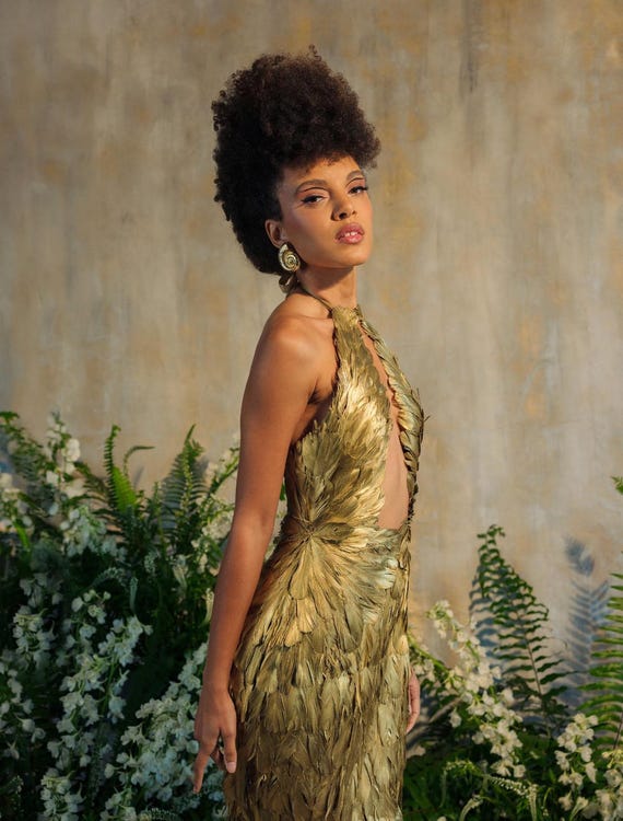 Gold Gilded Feather Couture Mermaid Gown Gold Gilded Feather Couture Mermaid Gown