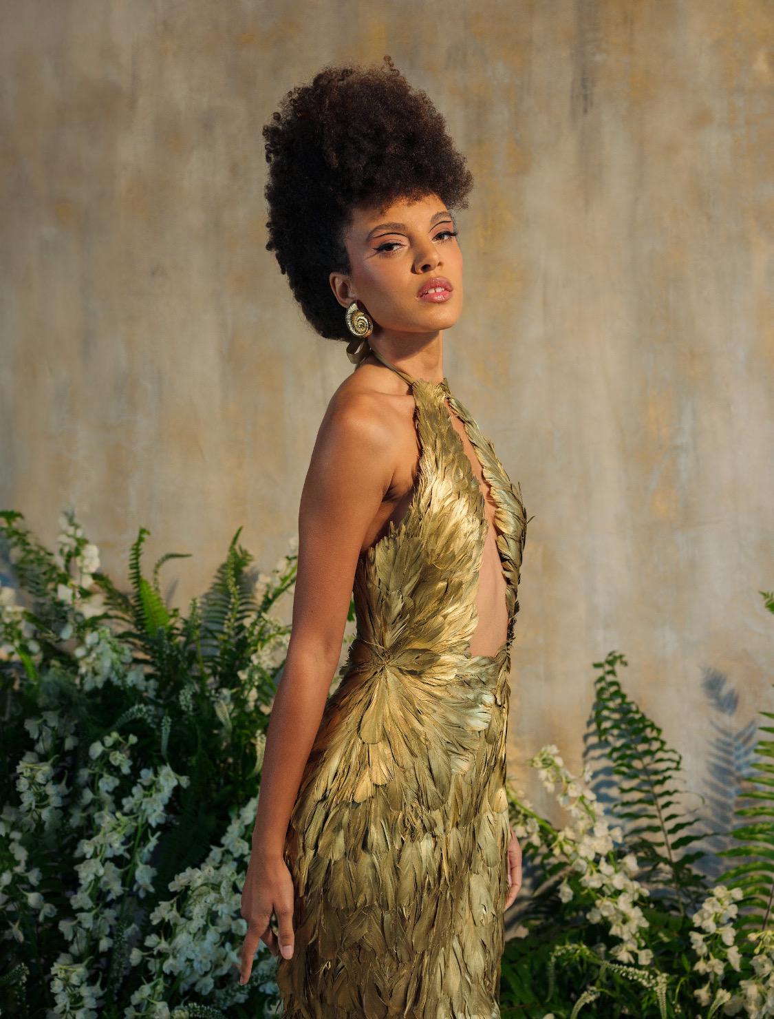 Gold Gilded Feather Couture Mermaid Gown