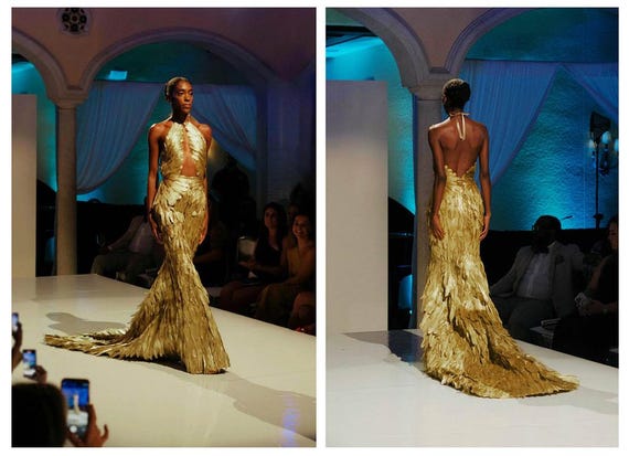 gold couture dress hire Long Sleeves Sequin Bodycon Mermaid Prom Dress – FancyVestido main image 0