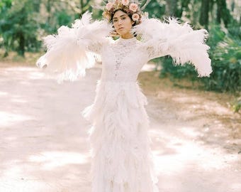 Couture White Ostrich Feather Wedding Gown with Bell Sleeves