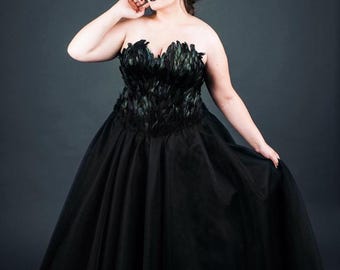Black Swan Feather Couture Corset Full Length Tulle Gown