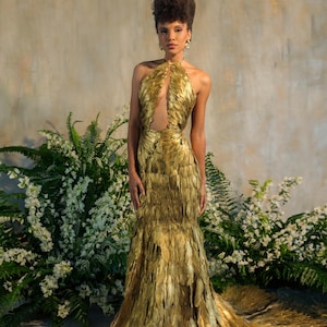 Gold Gilded Feather Couture Mermaid Gown
