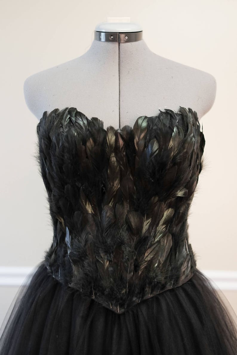 Black Swan Feather Couture Corset Full Length Tulle Gown Etsy