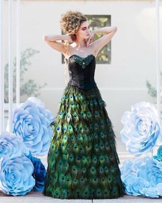 sachin and babi light blue dress Peacock Feather Couture Strapless Corset Full Length Dress