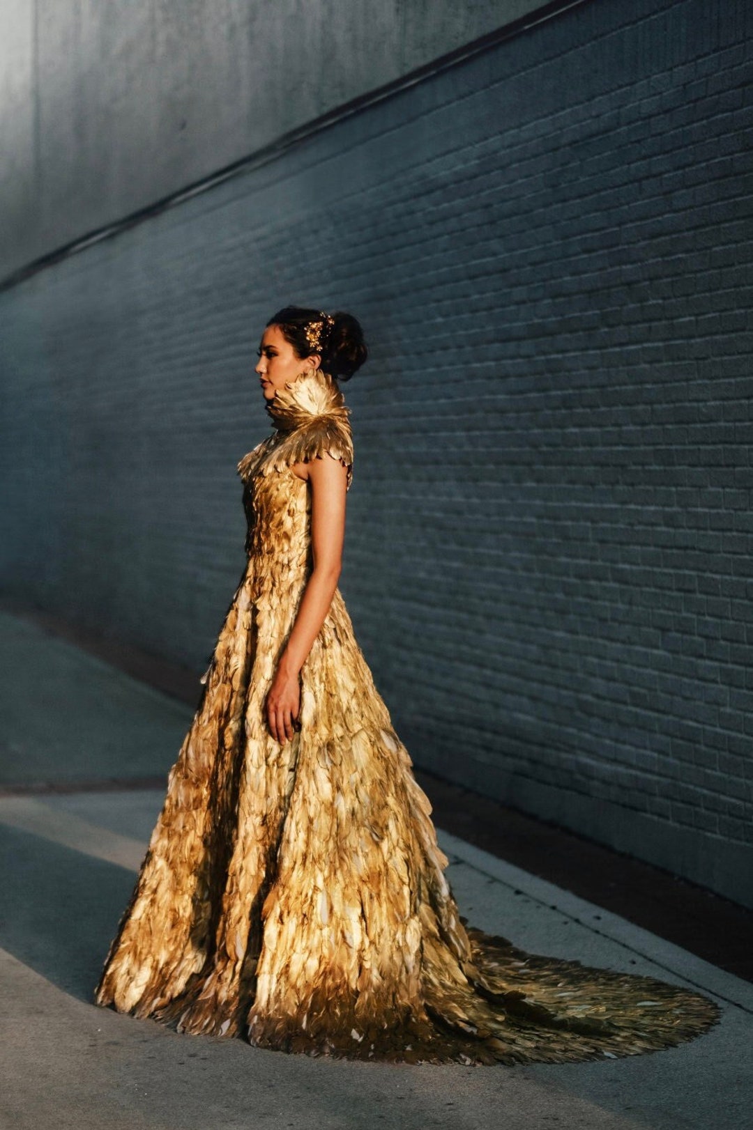 Gold Gilded Feather Couture High Collar Gown Etsy