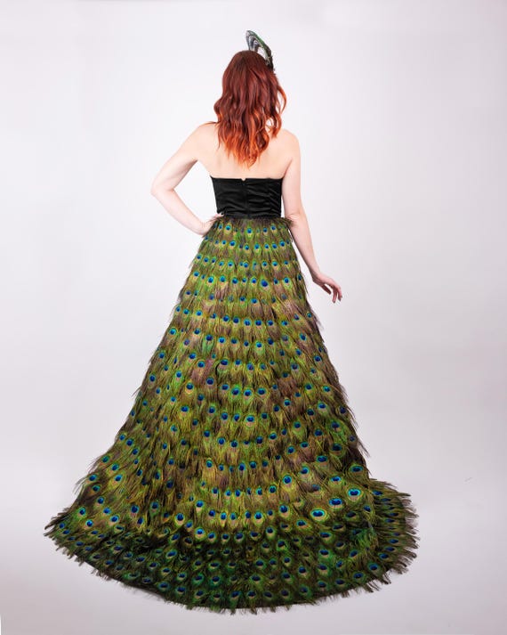 peacock feather bridesmaid dresses Peacock Feather Couture Strapless Corset Full Length Dress