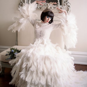 Couture Ivory Ostrich Feather Wedding Gown With Bell Sleeves - Etsy