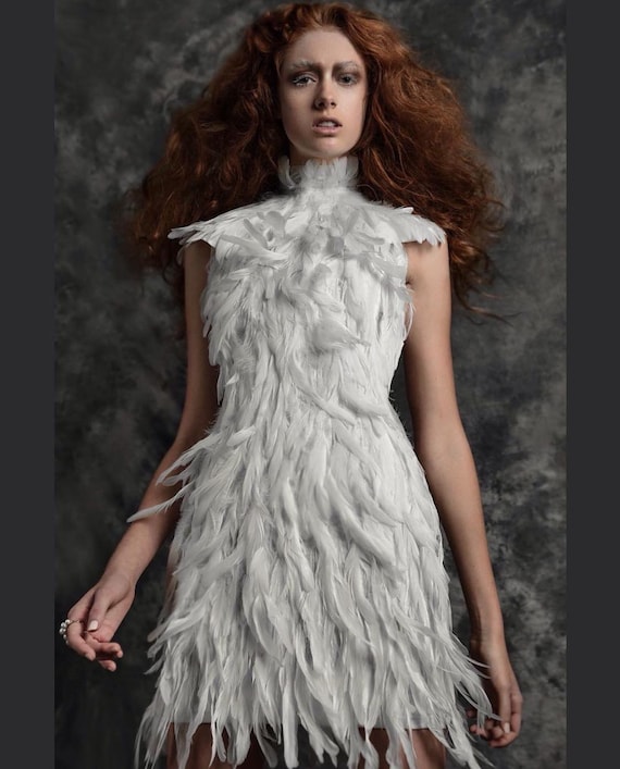 White Feather Couture High Collar Knee Length Bridal Wedding Dress