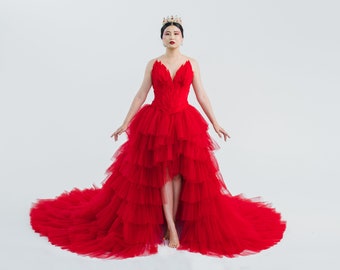 Firebird Ballet Red Feather Corset Tulle High Low Waterfall Hem Gown Couture