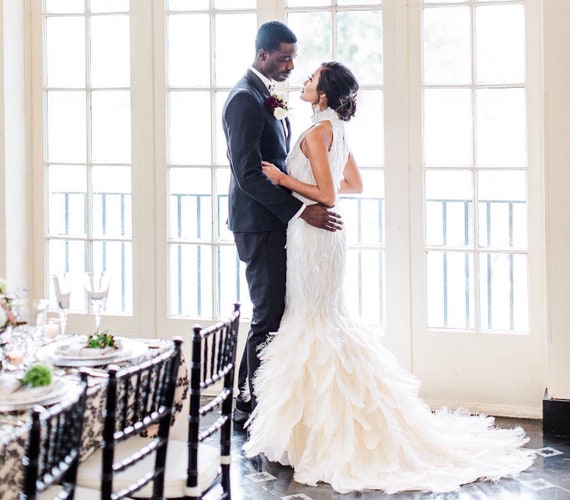 feather mermaid wedding dress