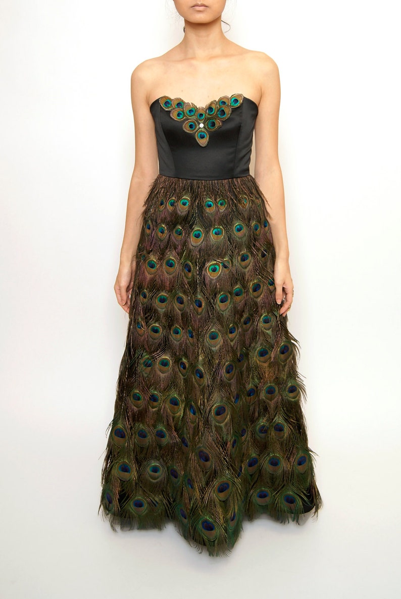 feather trim strapless gown