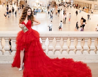 Firebird Ballet Red Feather Corset Tulle High Low Waterfall Hem Gown Couture