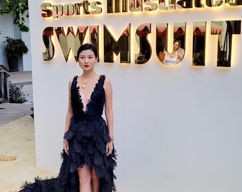 Black Swan Feather Couture High Low Dress