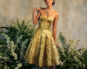 Gold Gilded Feather Couture Corset Dress
