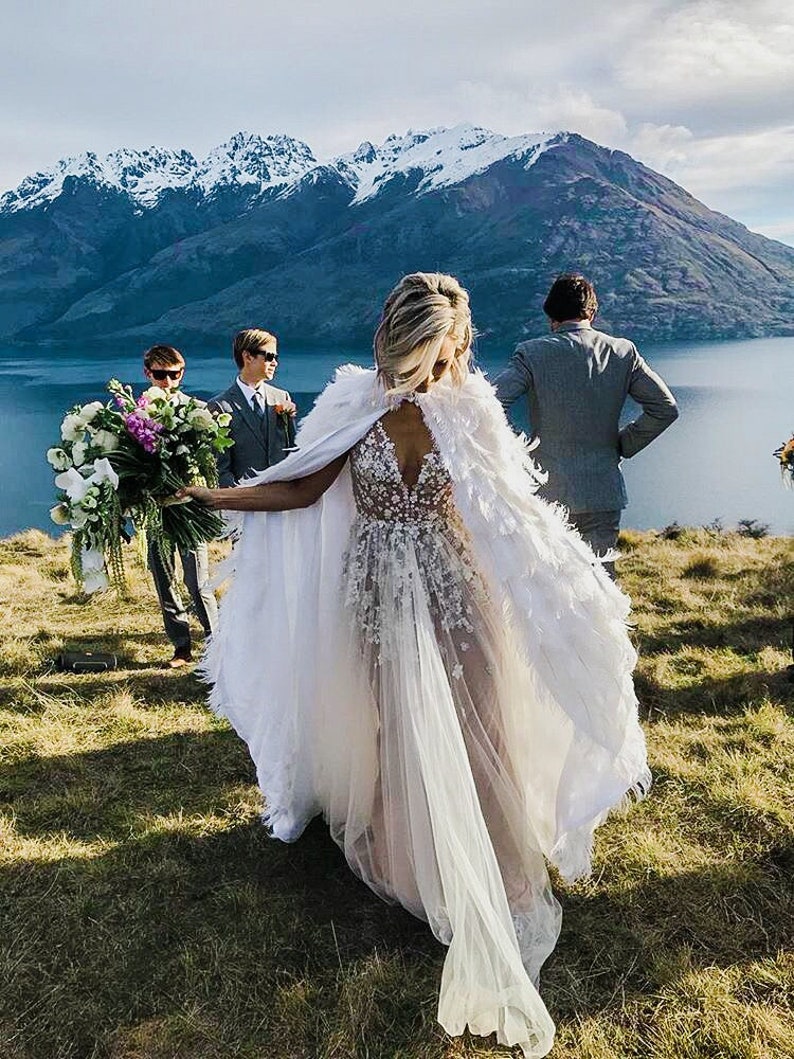 white feather wedding cape