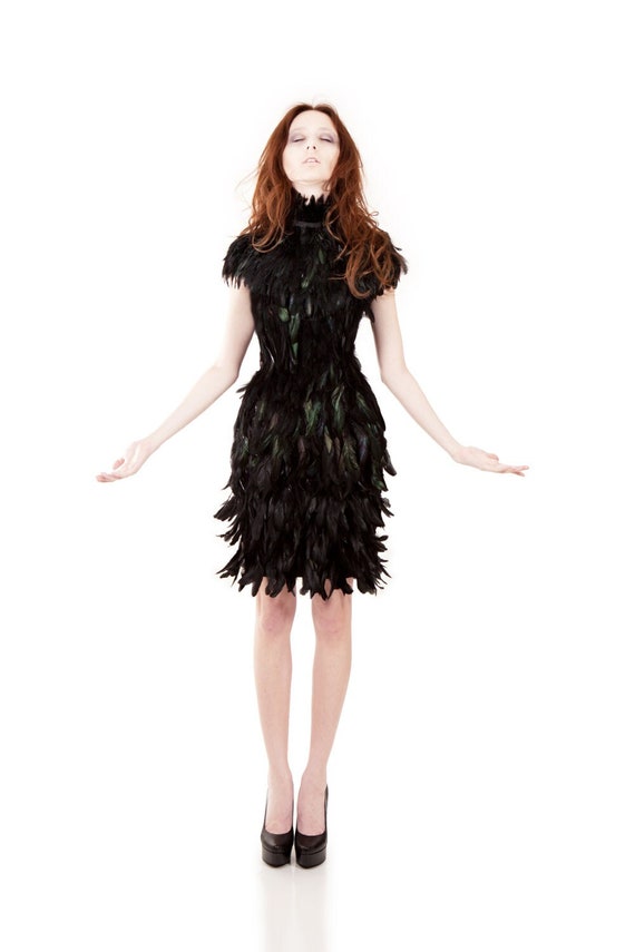 black dress with feathers