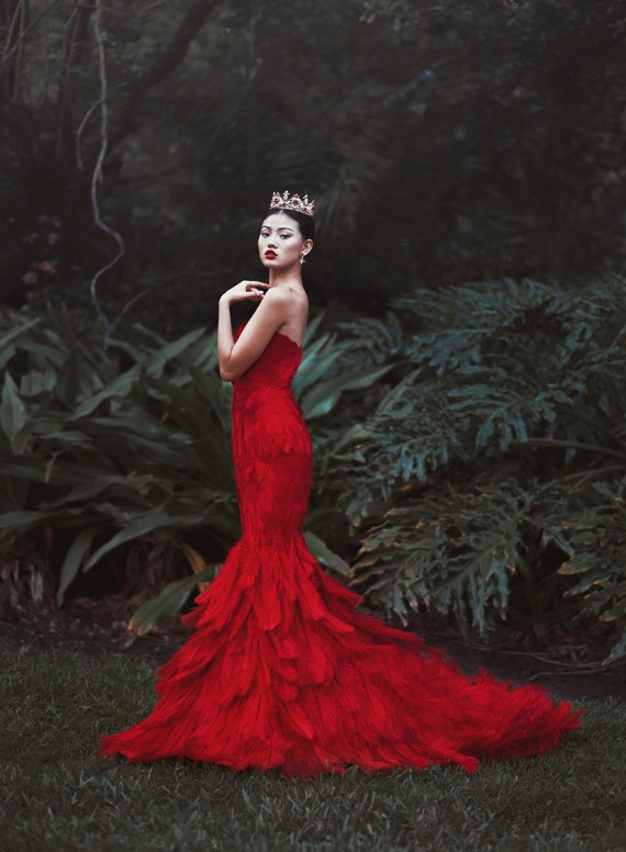 red feather gown