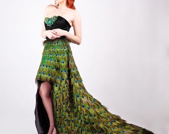 Peacock Feather Couture Strapless Wedding Dress High Low Hem