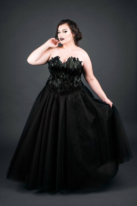black gown with feathers