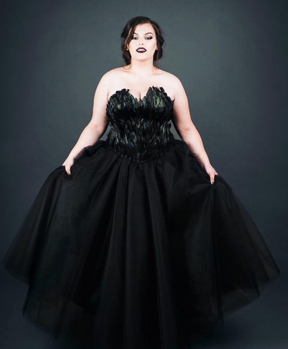 Black Swan Feather Couture Corset Full Length Tulle Gown