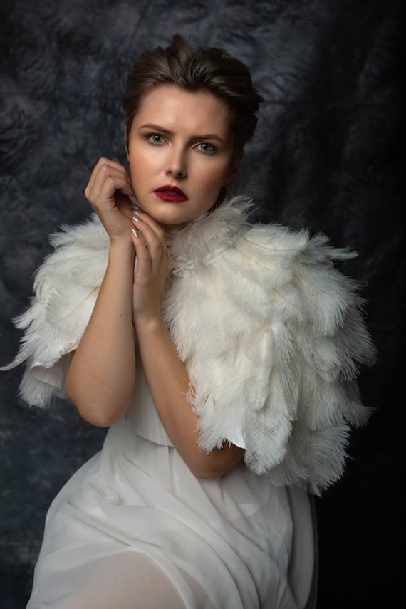 White Ostrich feather bridal wedding cape bolero