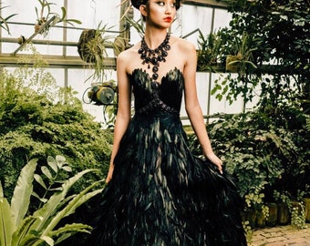 Black formal dress with feathers best sale