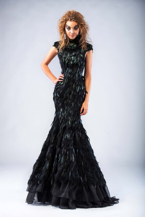 black feather wedding dress