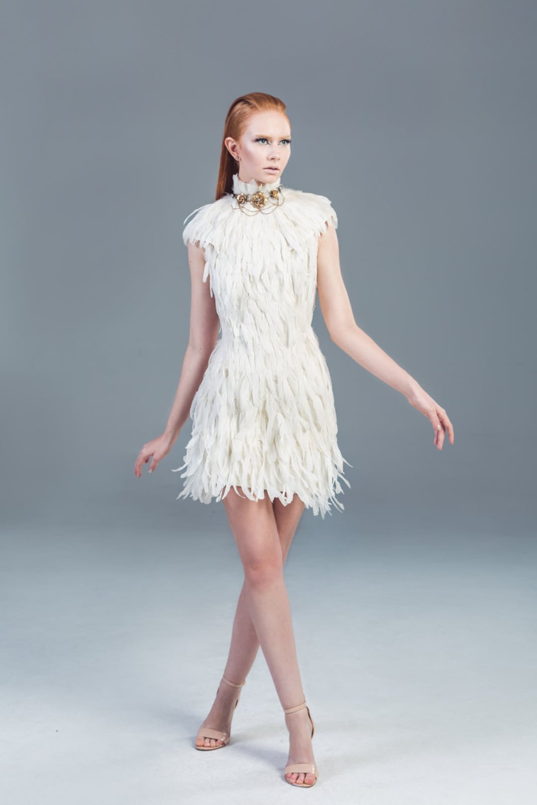 White Feather Couture High Collar Knee Length Bridal Wedding Dress