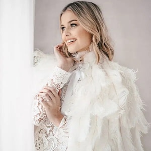 White Ostrich Plume Feather Bridal Wedding Cape Couture image 2