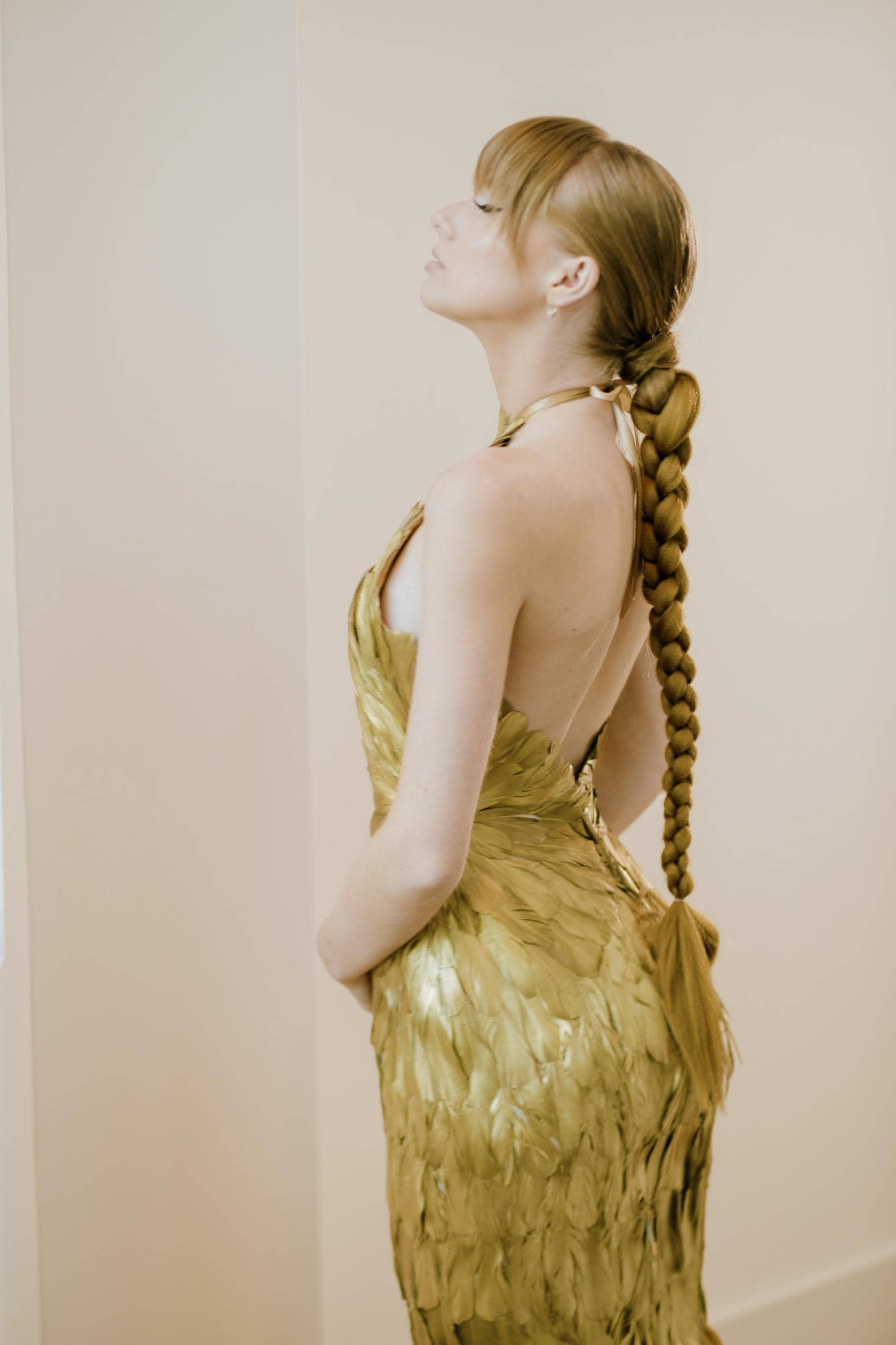 slim fit dress slacks Jovani 26224 - Beaded Feather Fringed Long Dress 2 / Gold main image 1