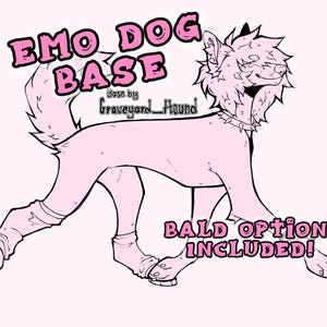 Puede incluir: Un dibujo lineal digital de un perro con pelo desgreñado, un collar de pinchos y calentadores. El texto dice EMO DOG BASE, Base by Graveyard_Hound y BALD OPTION! INCLUDED! La ilustración presenta contornos negros sobre un fondo rosa claro.
