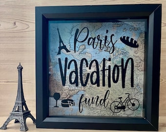 Paris Vacation Fund Bank, Shadow Box, Travel, Birthday, Wedding, Honeymoon, Shower, Anniversary, Personalize, France