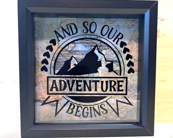 And So Our Adventure Begins Fund Bank, Shadow Box, Memories Travel, Vacation, Birthday, Wedding, Honeymoon, Savings, Personalize