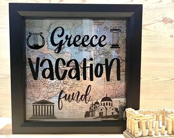 Greece Vacation Fund Bank, Travel, Shadow Box, Birthday, Wedding, Honeymoon, Shower, Anniversary, Personalize