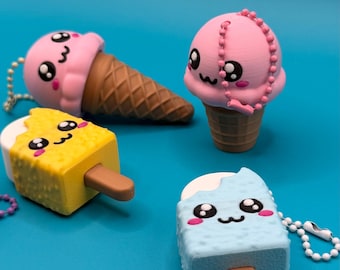 3D Printed Kawaii Ice Cream Keychain | Amigurumi Style Keychain with Chain | Backpack and Bag Charm | Cute and Colorful Gift