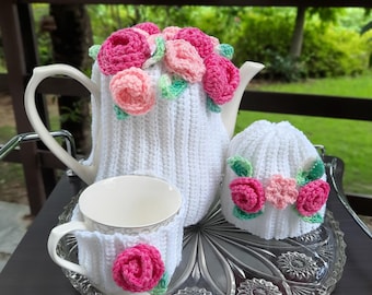 Juego de funda para tetera de crochet floral
