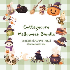 Cottagecore Halloween Clipart Bundle, Cute Witchy PNG, Pumpkin Ghost Cat Sublimation, Fall Mushroom Skull Clipart, Watercolor Commercial Use
