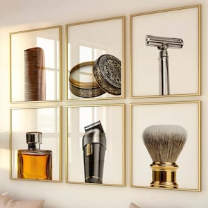 Lyxig väggkonst för barbershop, set med 6, tryck för barberverktyg, dekoration för man cave, väggkonst för herrsalong, tryck för gentlemän och grooming: digital nedladdning