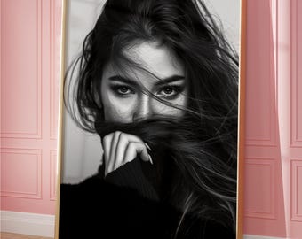 Black and White Woman Portrait Wall Art - Chic Fashion Poster - Moody Girl Room Decor - Trendy Minimalist Print - Bold Feminine Bedroom