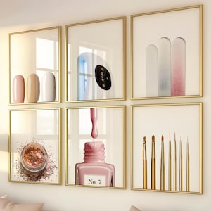Könnte beinhalten: Sechs gerahmte Bilder mit goldenem Rahmen. Die Bilder zeigen Nagellack, Nagelwerkzeuge und einen Nageltrockner. Die Nagellackfarben sind Rosa, Beige und Weiß. Die Nagelwerkzeuge umfassen Feilen und Pinsel. Die Nagellackflasche ist mit "No. 7" beschriftet.