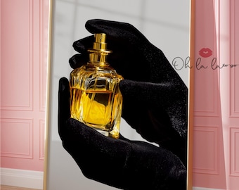 Arte mural de perfumes de lujo, póster de guantes negros glamurosos, impresión de un frasco de fragancia dorado, decoración estética de dinero antiguo, elegante arte para vestidores.