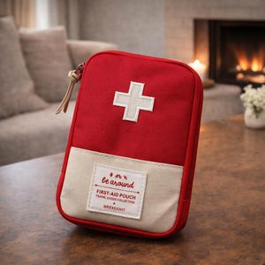 May include: A red first-aid pouch featuring a white cross. The lower section is beige, with the text "be around" and "FIRST-AID POUCH TRAVEL GOODS COLLECTION WEEKHEIGHT". It has a zip closure and a tan leather pull, ideal for travel.